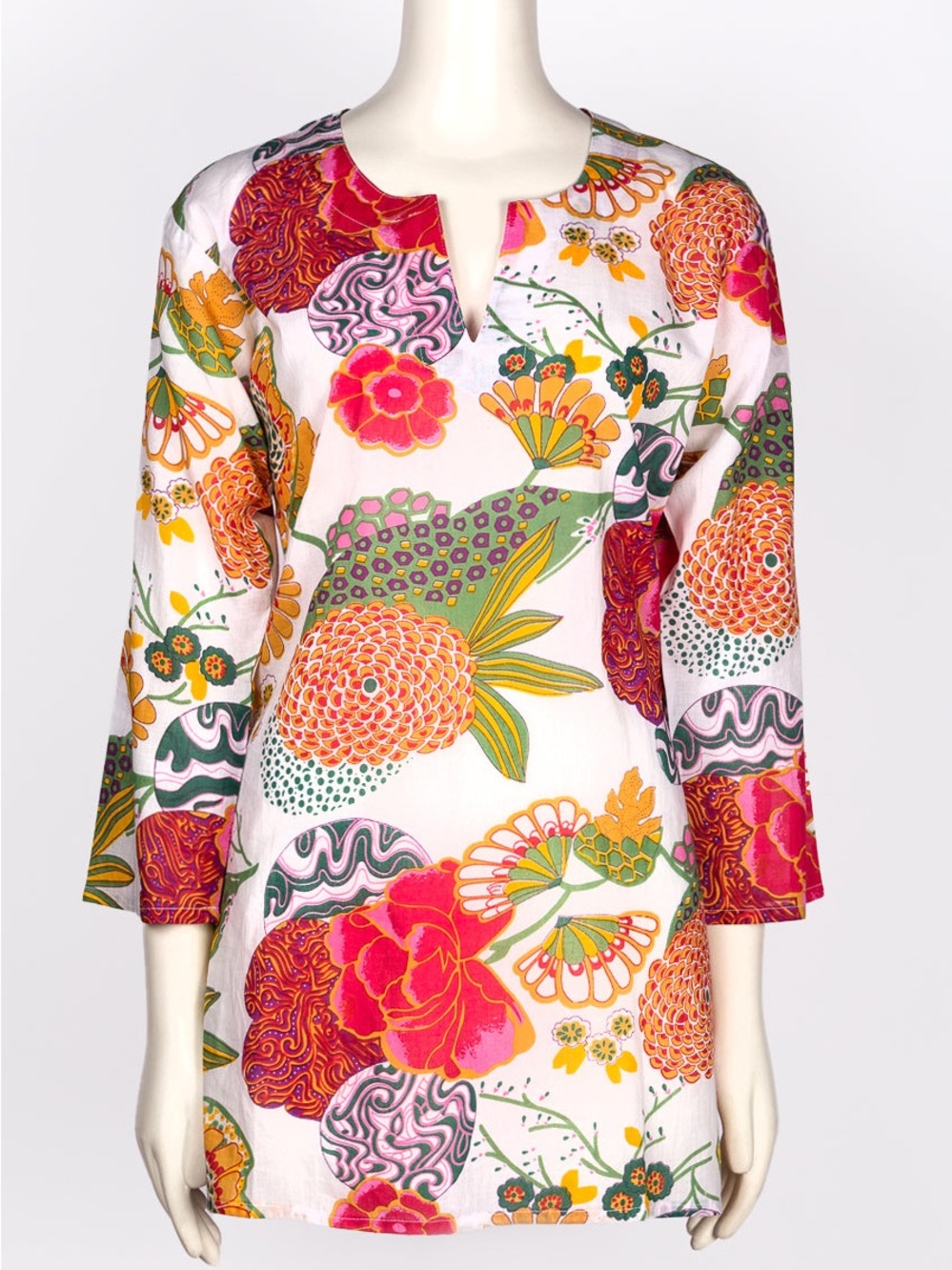 NWT Dolma Tunic Cotton top - light‎ tropical exotic island print pink orange XL